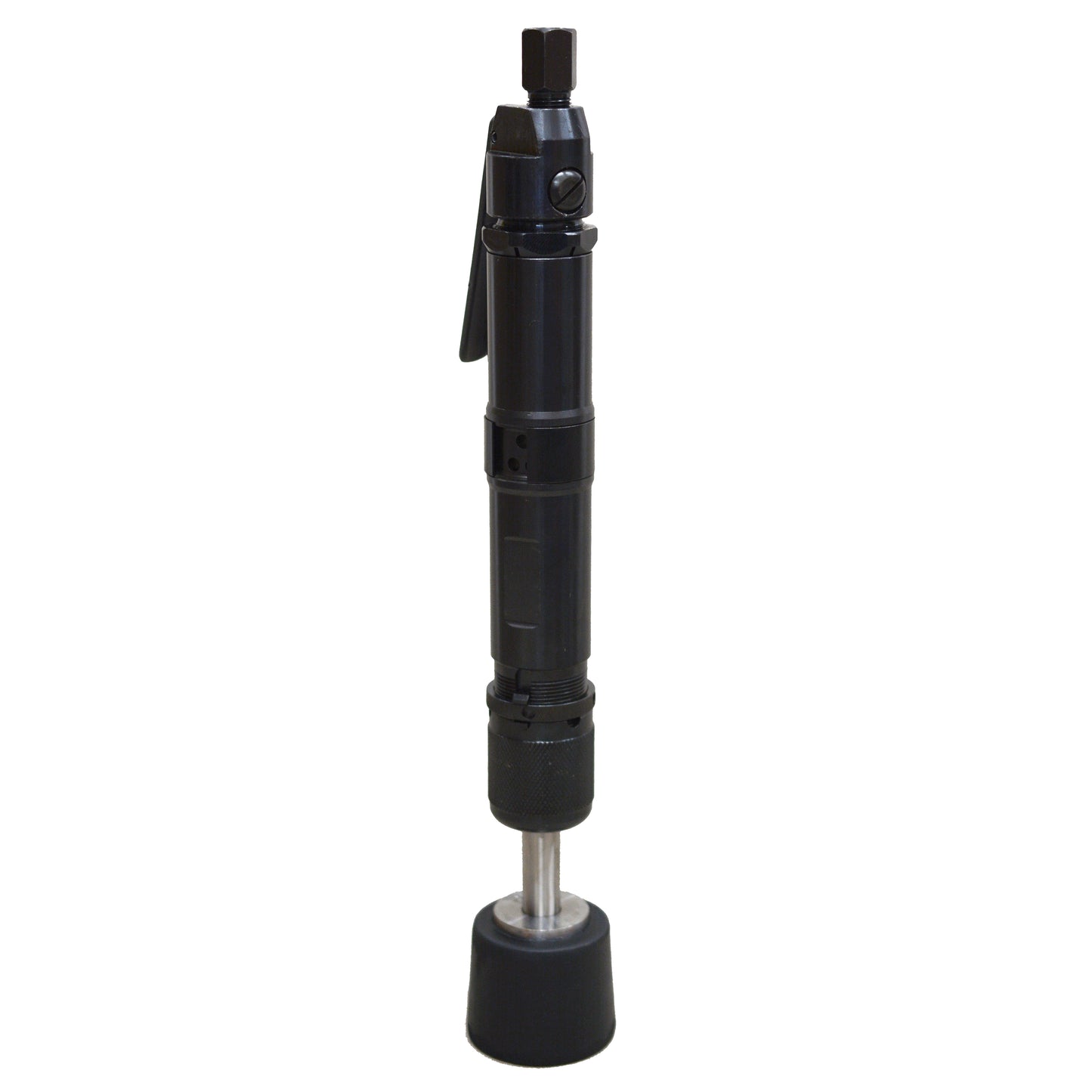 A black bench rammer with a long handle and a metal body designed for compacting soil and sand in foundry or casting facilities.