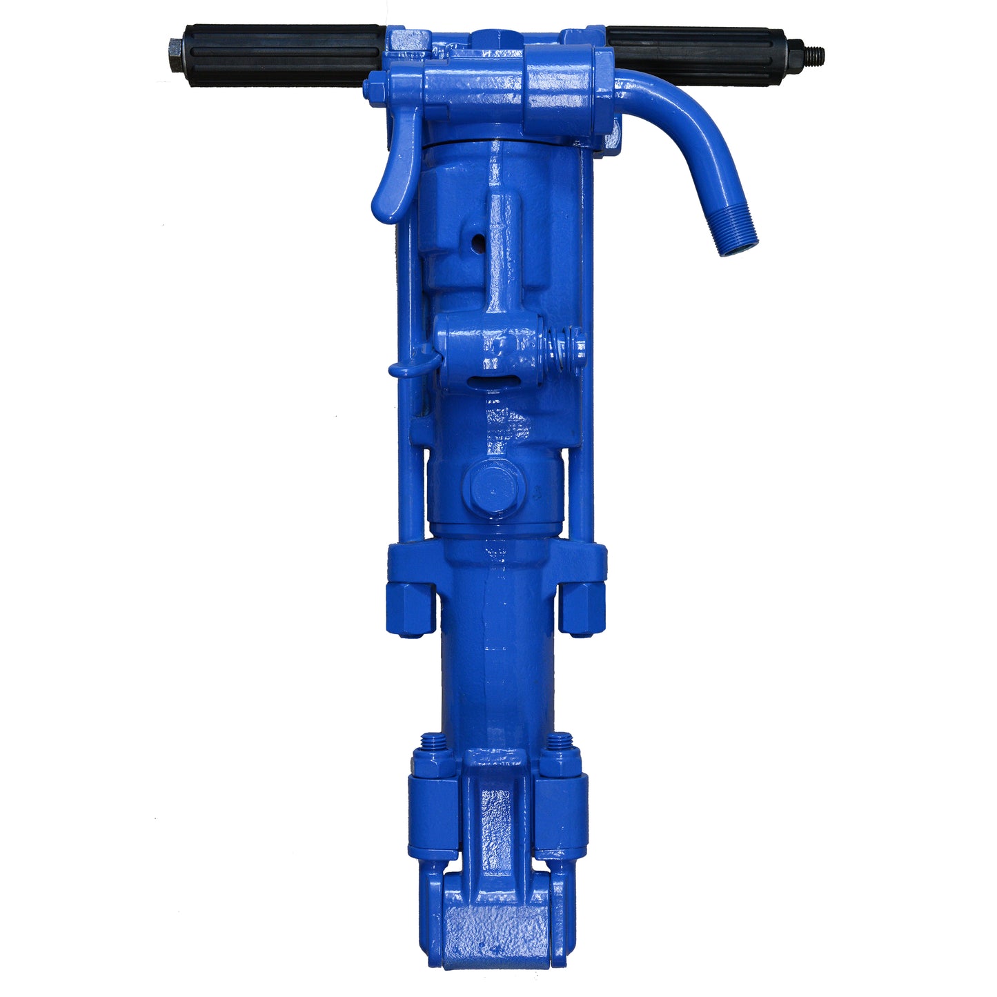 A blue 50 lb class rock drill, with a black handle and gray metallic parts.