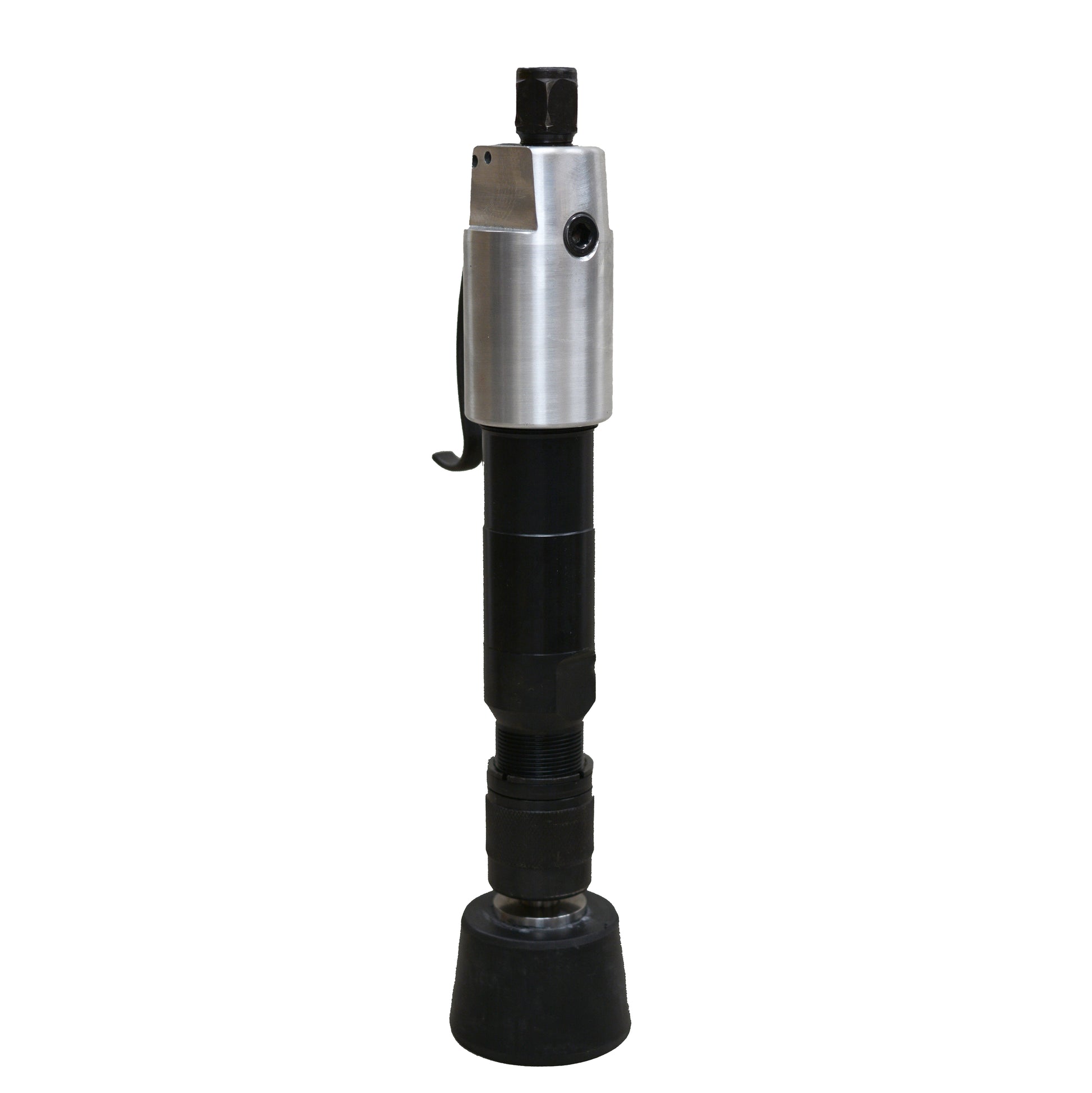 A black and silver bench rammer tool used for compacting sand in foundries and molds.