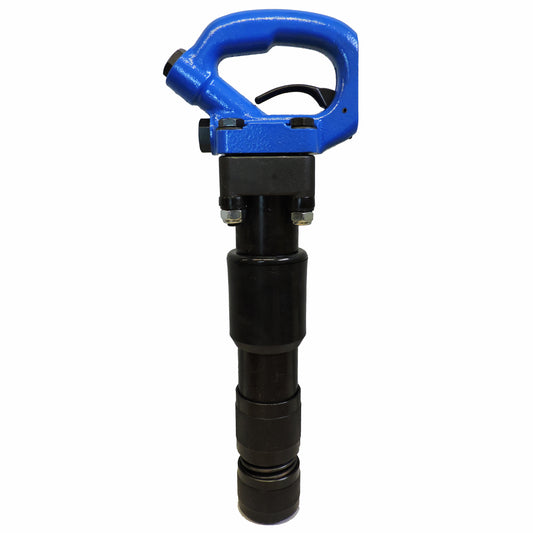 A chipping hammer with a blue D-handle and black body, designed for powered hammering applications.