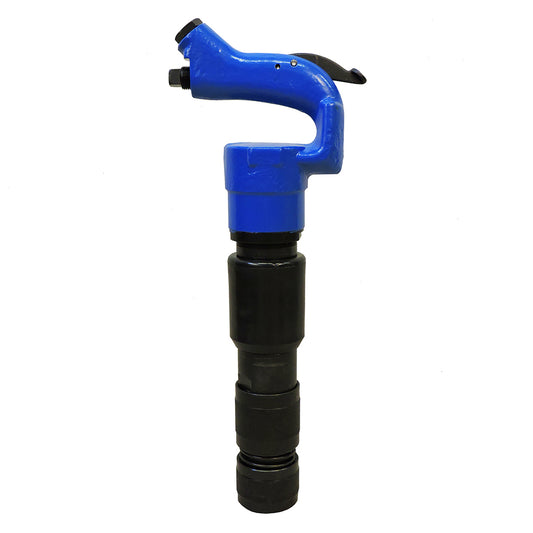 A blue chipping hammer with an open handle and a black grip.