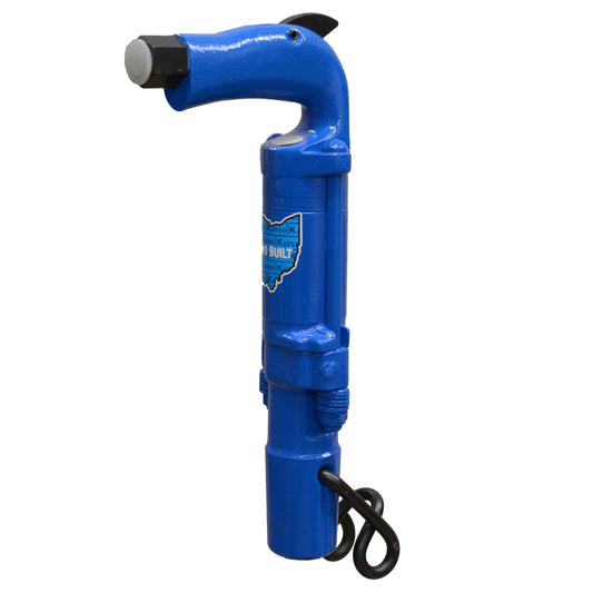 Blue pneumatic chipping hammer with D-handle top trigger and coiled bit retainer spring on a white background.